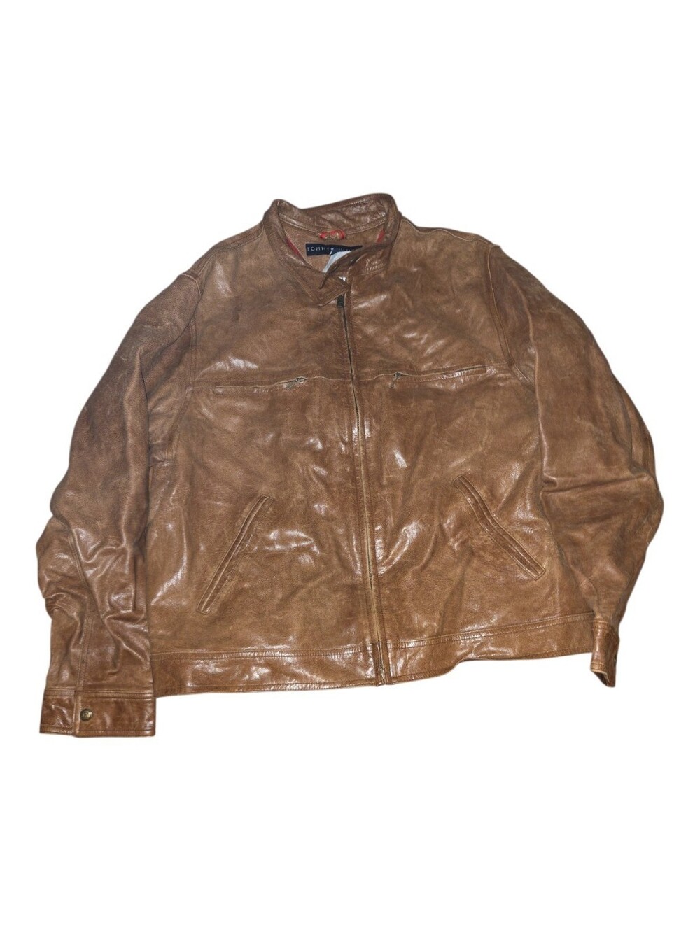 Y2K Tommy Hilfiger Brown Leather Bomber Jacket Size L